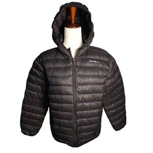 Girls Eddie Bauer Sparkle Black Puffer Jacket with Hood Size XL 16